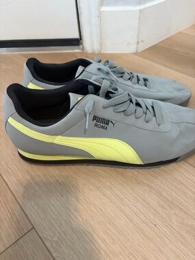 Puma Roma Gray Sneakers with Neon Yellow Stripe
